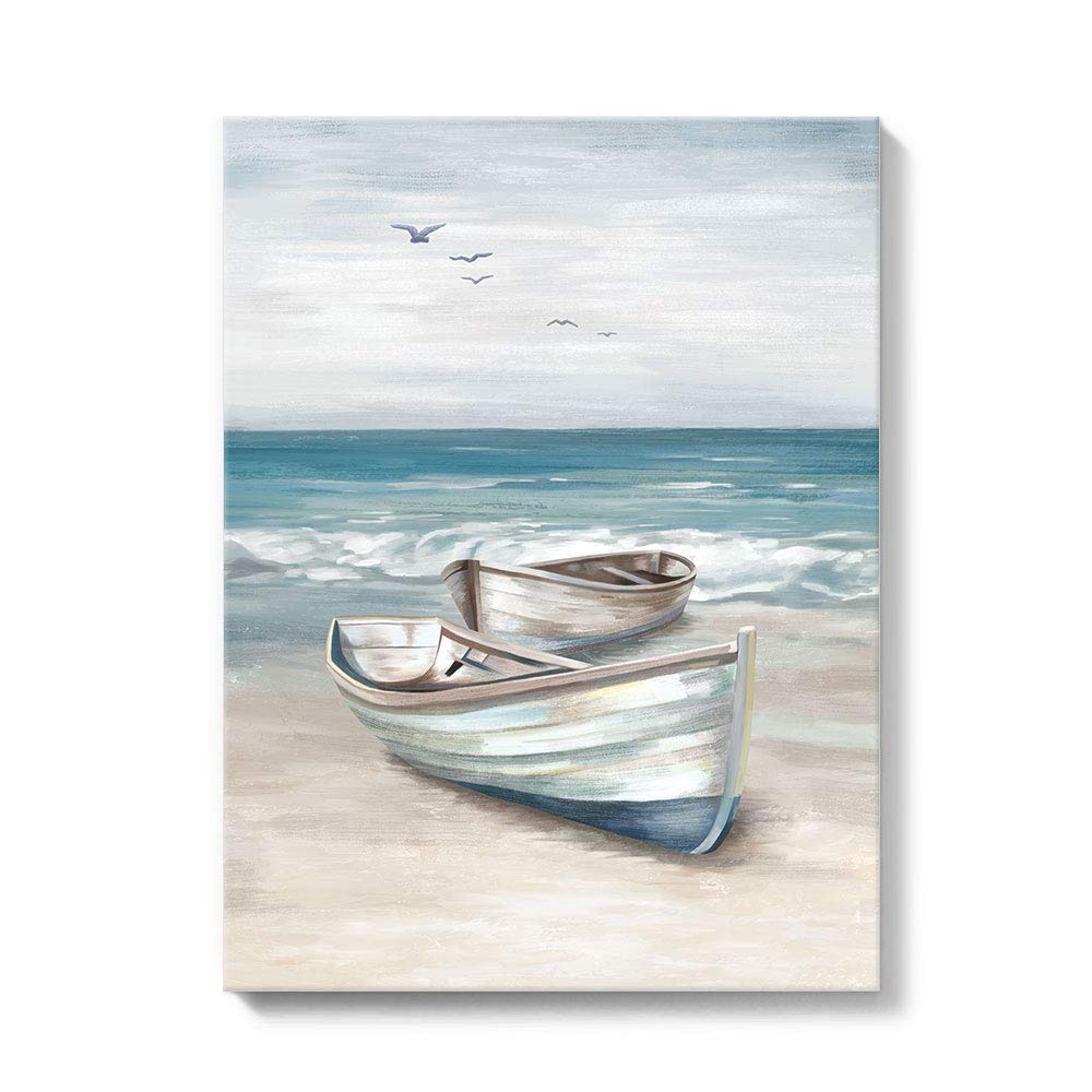 SUMGAR Ocean Wall Art Blue White Sea Canvas Paintings Sandy Beach Pictures Boat Coastal Artwork Framed Seashore Prints Seaside View Home Decor for Bathroom Living Room Bedroom 30x40cm