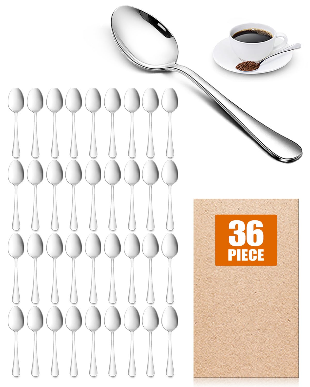 AckMond 36-Piece (13.5 cm, 5.3 inches) Fine Coffee Spoon, Teaspoons, Mirror Polishing Spoon Set （Silver)