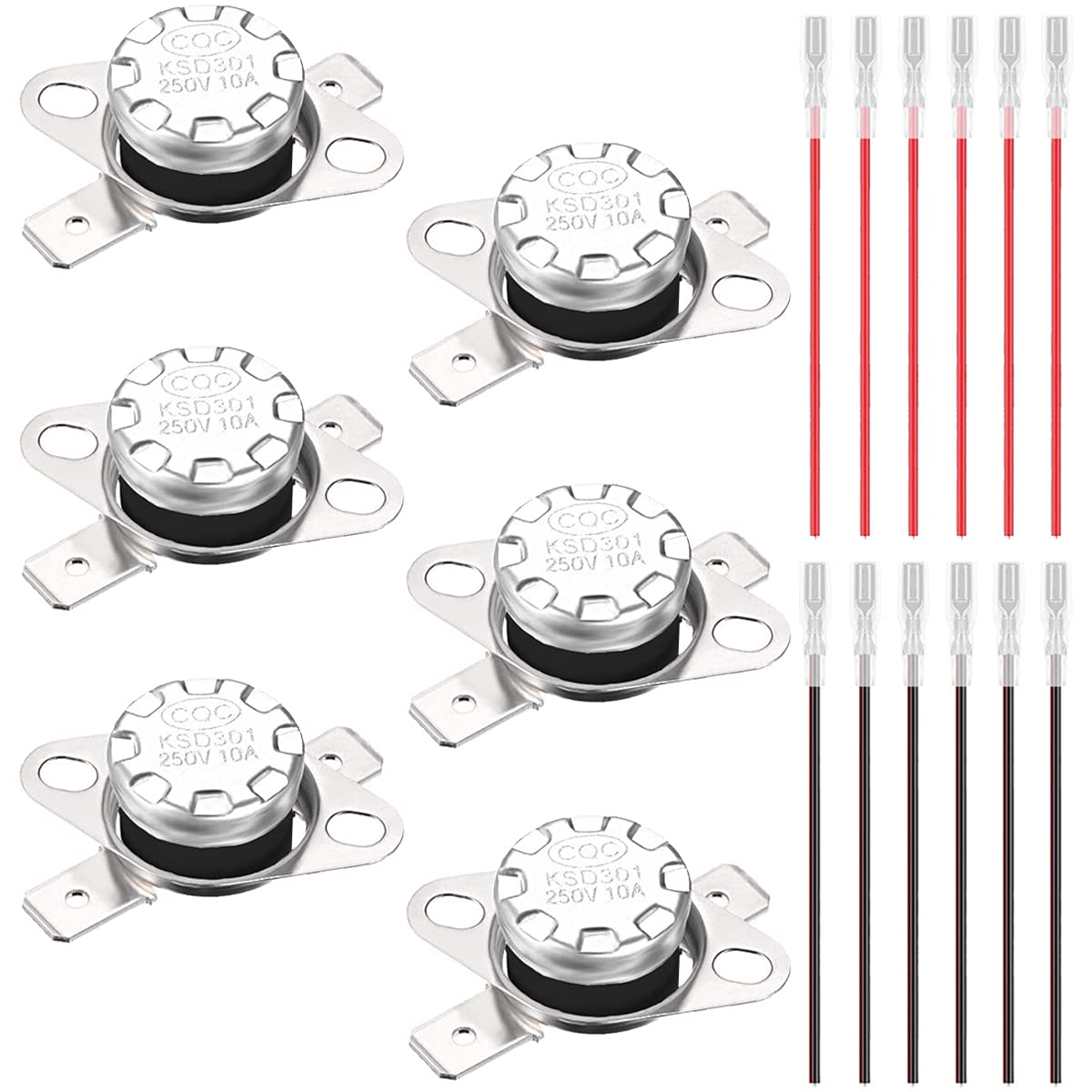 Youmile 6PCS KSD301 85°C/185°F Thermostat Temperature Switch 250V 10A Normally Closed NC Thermal Control Switch for Microwave with 12PCS Crimp Terminal with Wire
