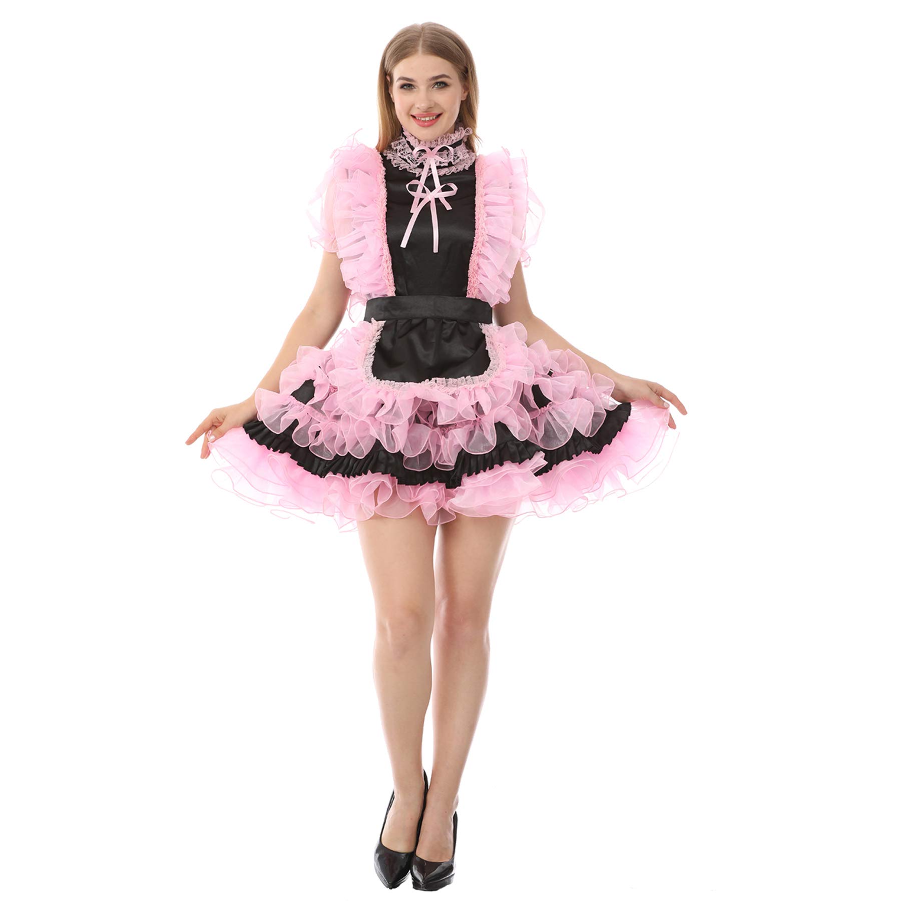 JOLINE Sissy High Neck Ruffled Lace Silky Satin Black Dress Crossdressing (L) Pink