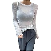 RoseSeek Women's See Through Long Sleeve Shirts Crew Neck Basic Tight Shirt Going Out Tops