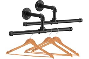 Elibbren Industrial Pipe Floating Clothing Rack Wall Mounted, Commercial or Residential Wardrobe Clothes Display, Heavy Duty Rustic Vintage Steel Black Metal Garment Bracket Frame, 2 Pack