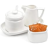 ZENFUN Set of 4 Porcelain Creamer and Sugar Set with Saucer, Sugar Bowl with Lid and Spoon, Cream Pitcher, Sweetener Holder, 
