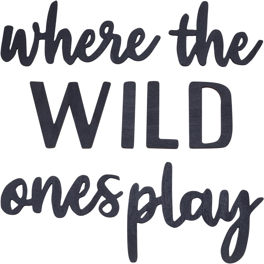 CREATCABIN Word Sculpture Wood Sign Wooden Laser Cutout Unfinished Slices Wood Crafts DIY Black Wall Sign Ornaments Art for Personalized Front Door Kitchen Home Wall Decor-Where The Wild One Play