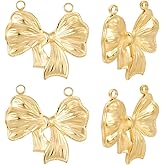 Beebeecraft 1 Box 8Pcs Metal Bow Charms Bulk Real 18K Gold Plated Stainless Steel Bowknot Tie Coquette Connector Pendants Findings with 2 Loops for Jewelry Making Earrings DIY Crafts Accessories