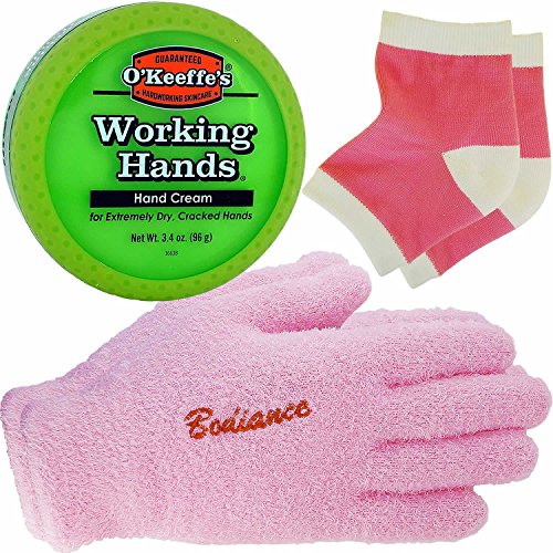 Hand Moisturizing Gel Gloves for Dry Cracked Hands Repair Treatment (1 Size for Large or Small), O keeffe s Working Hands Hand Cream 3.4 Ounce, Open Toe Gel Heel Socks, Pink Bundle