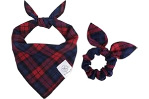 E-Clover Christmas Dog Bandana & Matching Scrunchie Set Plaid Dog Scarf Bibs for Medium Large Dogs Boy Girl Pet Owner Birthda