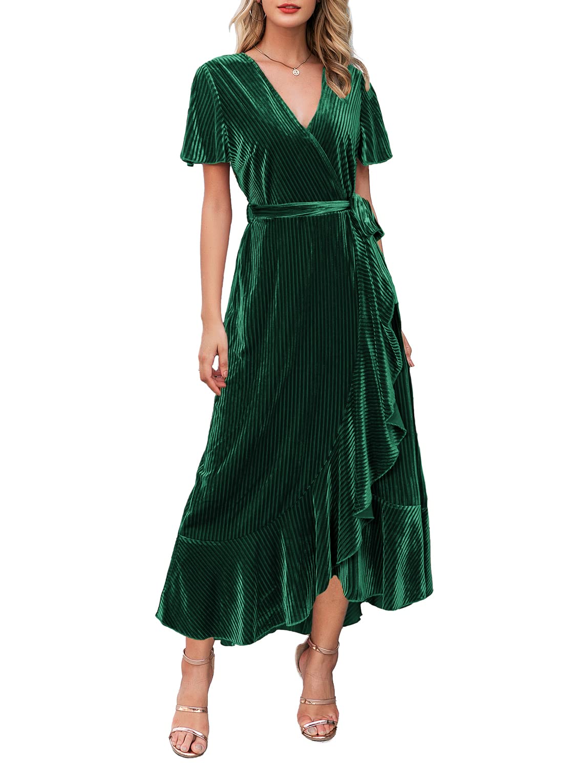 Photo 1 of Miessial Women's Velvet Maxi Dress Retro Faux Wrap V-Neck Long Evening Dress Cocktail Party Dress Velvet-Dark Green 14