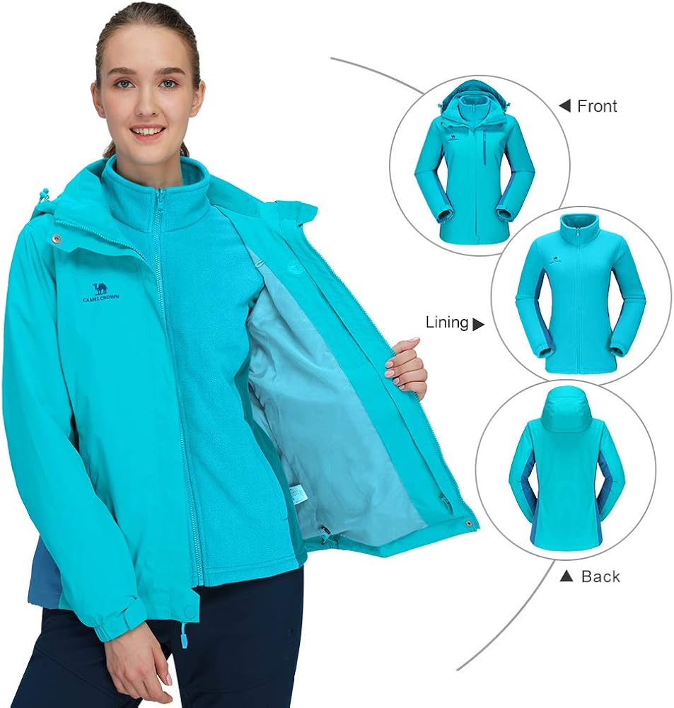 CAMEL CROWN Women's Waterproof Ski Jacket 3-in-1 Winter Coat Windbreaker Fleece Inner for Snow Rain Hiking Outdoor: Clothing