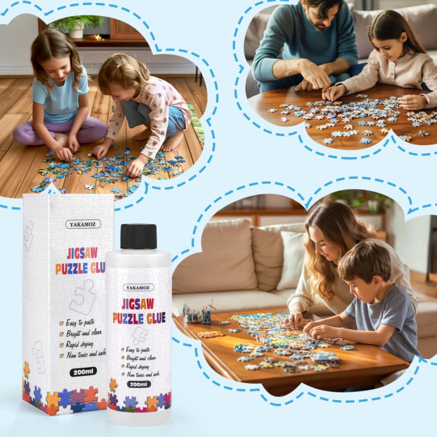 YAKAMOZ Clear Jigsaw Puzzle Glue with Precision Applicator – Non-Toxic, Quick Dry & Water-Soluble for Puzzles up to 5000 Pieces (200ML)
