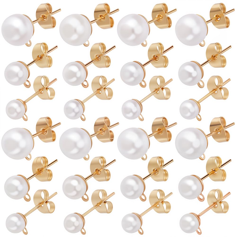 SOFPLATE 1 Box 120Pcs Hypoallergenic Pearl Earring Posts Pearl Earring Stud Findings with Loop Butterfly Back and Imitation Beads Gold Ear Studs Finding for Jewellery Making DIY Crafts Supplies Women