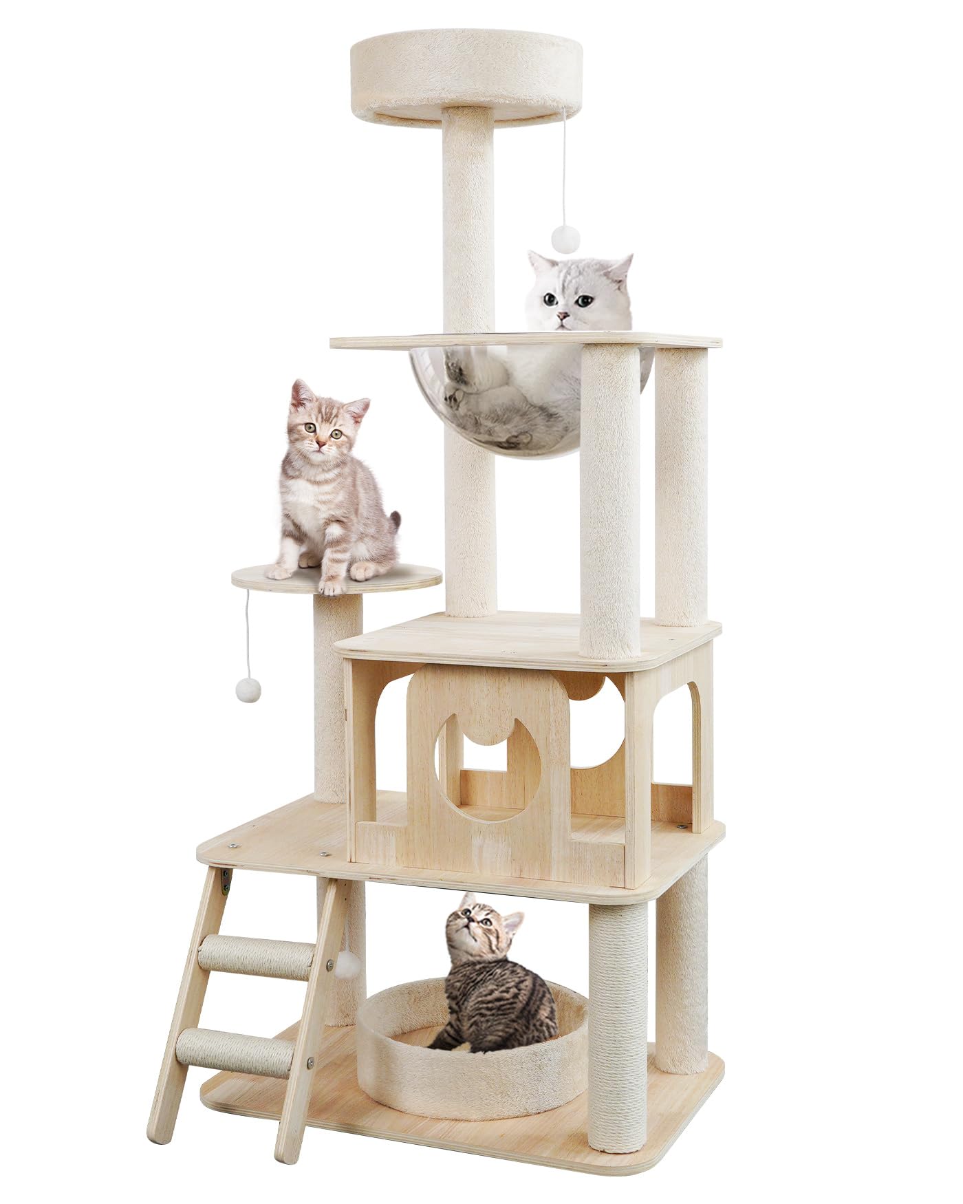 YUCHONG キャットタワー 木製 猫タワー 高さ134cm展望台 転落防止 据え置き式省スペース 40*60cm安定感UP 登りやすい階段 ポンポン猫じゃらし 多頭飼い 木製隠れ家 宇宙船 爪とぎポール 人気 運動不足解消 家具損害防止商品画像