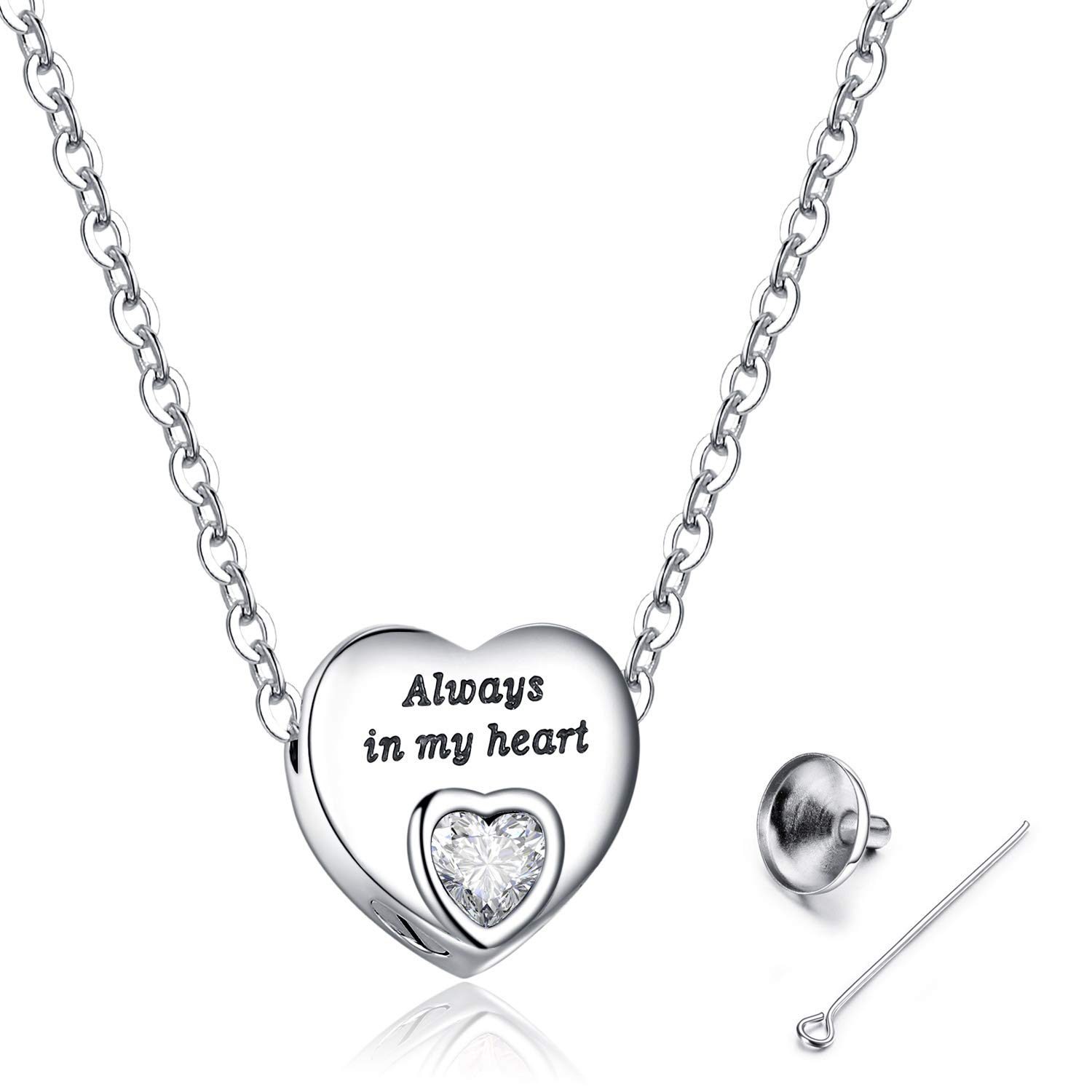 Heart Urn Necklaces for Ashes Birthstone Ashes Necklace Always in My Heart Cremation Jewelry Keepsake Memorial Necklace, Crystal, Cubic Zirconia