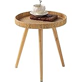 HuiDao Round Side Table, Boho Circle End Table Coffee Table with Solid Wood Leg, Rattan Side Tables Living Room for Small Spaces, Bedroom, Corners