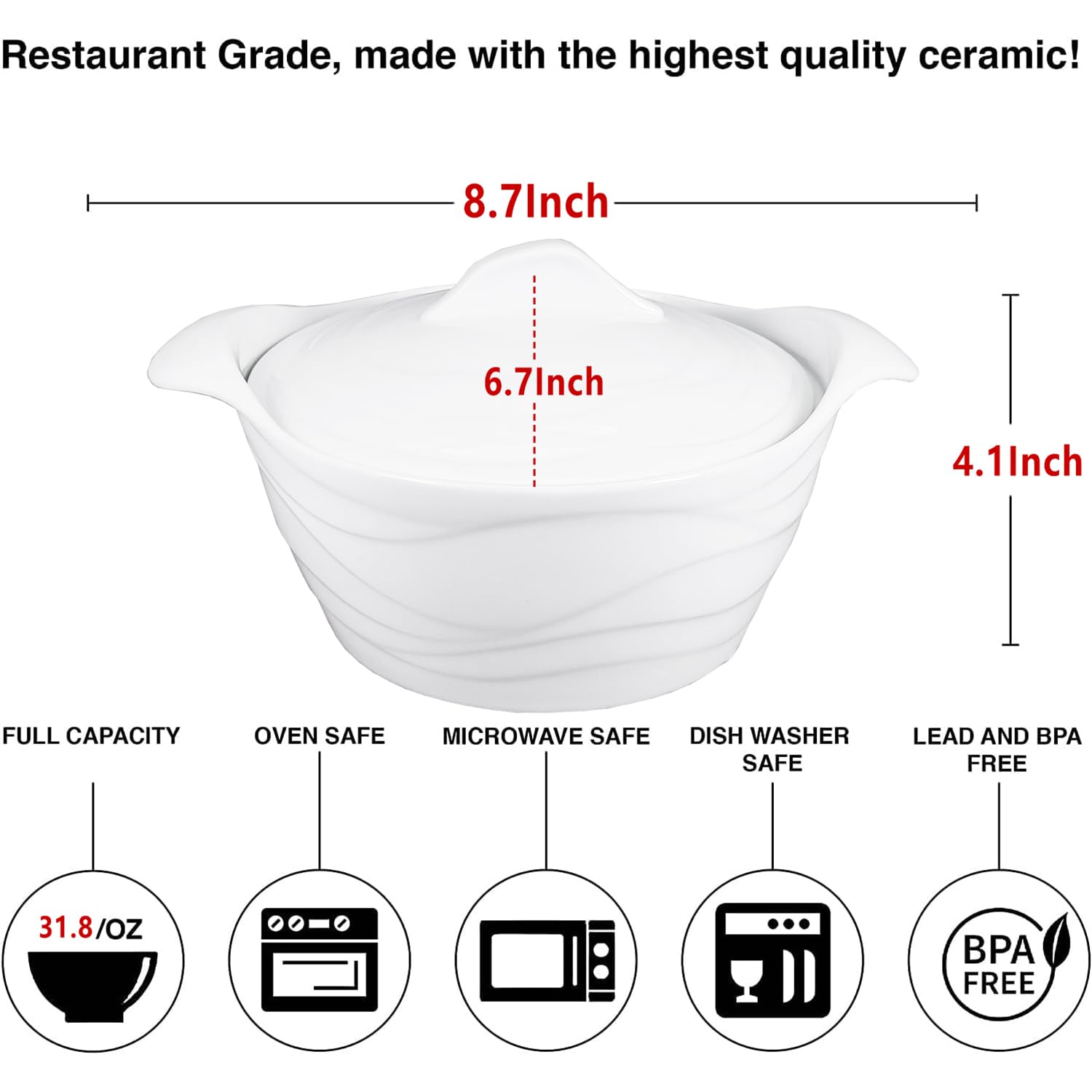 Casserole Dish 31.8 ounce French White Ceramic Bakeware Set with Lids, Chip and Crack Resistant Stoneware Baking Dish, Microwave, Dishwasher, Oven, Freezer and Fridge Safe (8.7 Inch)