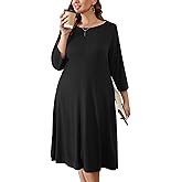 AusLook Women's Plus Midi Dresses Crew Neck A Line 3/4 Sleeves Casual Elegant Loose Wedding Guest Vacation Dress with Pockets