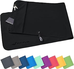 Fit-Flip Fitness Handtuch aus Mikrofaser - mit Magnet und Reißverschluss Tasche - Fitnesshandtuch für Sport und Gym - Kompakt, rutschfest & Schnelltrocknend - Sporthandtuch Fitnessstudio