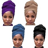 4 Packs Stretch Jersey Turban Head Wrap Scarf Headwraps for Women African Head Wraps Long Hair Scarf Ultra Soft Breathable Solid Color Turban Tie Large Headband (Black, Purple,Brown,Blue)