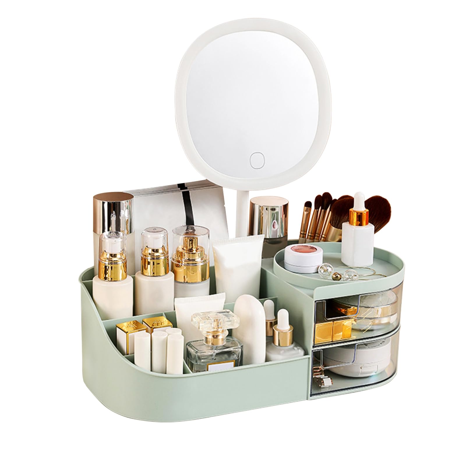 DASITON Makeup Organiser with Rechargeable Mirror, Large Capacity Dressing Table Organiser with 2 Drawers, Skincare and Cosmetics Storage Box for Vanity Desktop Bathroom Countertop (Green)