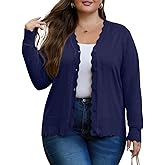 OLRIK Plus Size Cardigan for Women Cropped Long Sleeve V-Neck Buttons Down Ribbed Wave Edges Casual Knit Shrugs