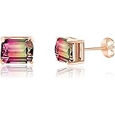 Devin Rose 14K Rose Gold Plated 925 Sterling Silver Emerald Shaped Simulated Watermelon Tourmaline Stud Earrings for Women Horizontal