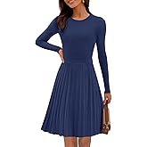 MEROKEETY Women's 2025 Long Sleeve Mini Sweater Dress Crewneck Ribbed Knit A Line Pleated Swing Short Dresses