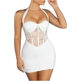 Floerns Women's Sleeveless Contrast Lace Halter Dress Tie Back Party Bodycon Mini Dress