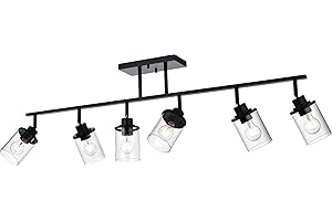 MILUCES 6-Light Track Lighting Kit Directional Bathoom Lights Over Mirror Industrial Black Kitchen Track Lighting Fixtures Ceiling with 6 Rotatable Light Heads, Clear Glass Shade