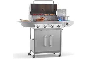 ADREAK 4 Burner Propane Gas Grill with Side Burner, Stainless Steel Gas Grill with Built-in thermometer & Enameled Cast Iron Grates, 58,000 BTUs Output for Outdoor Cooking and Patio Backyard Barbecue