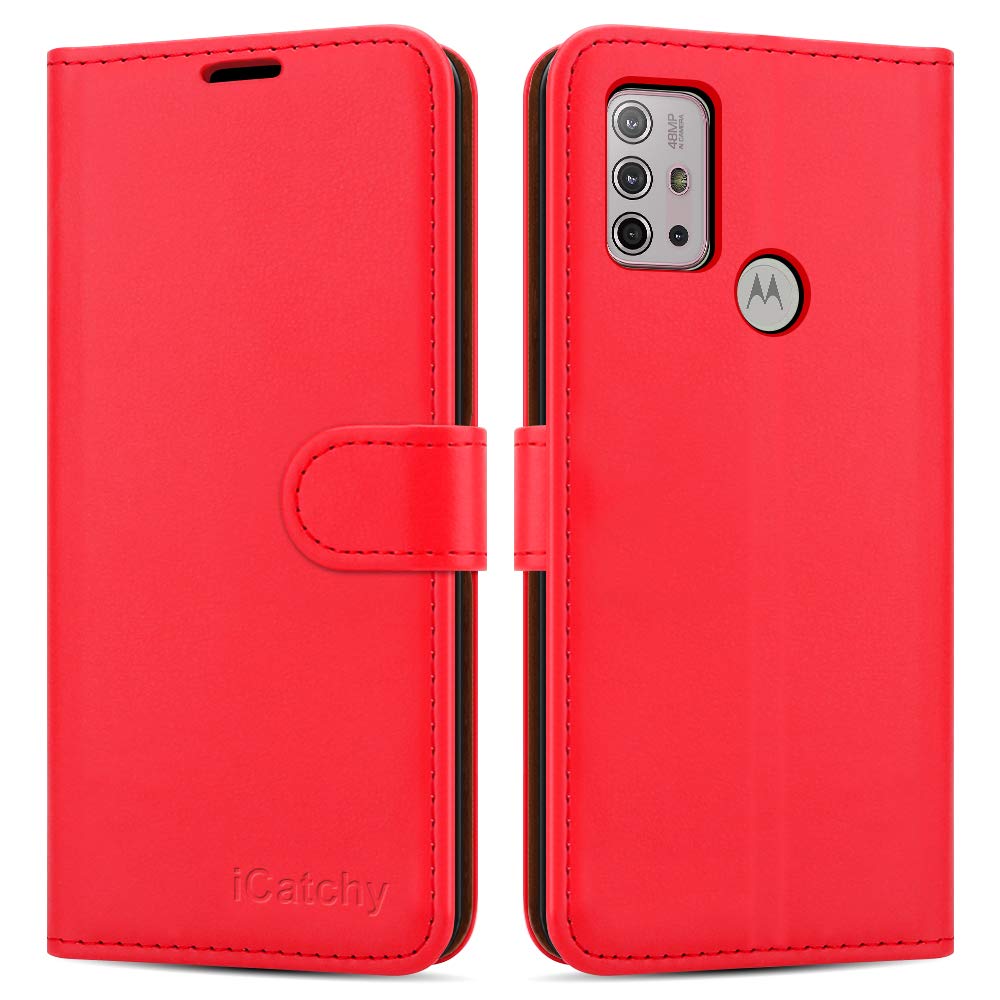 iCatchy For Motorola Moto G10 Case Leather Wallet Book Flip Folio Stand View Cover Cover Compatible for Motorola Moto G10 (Red)