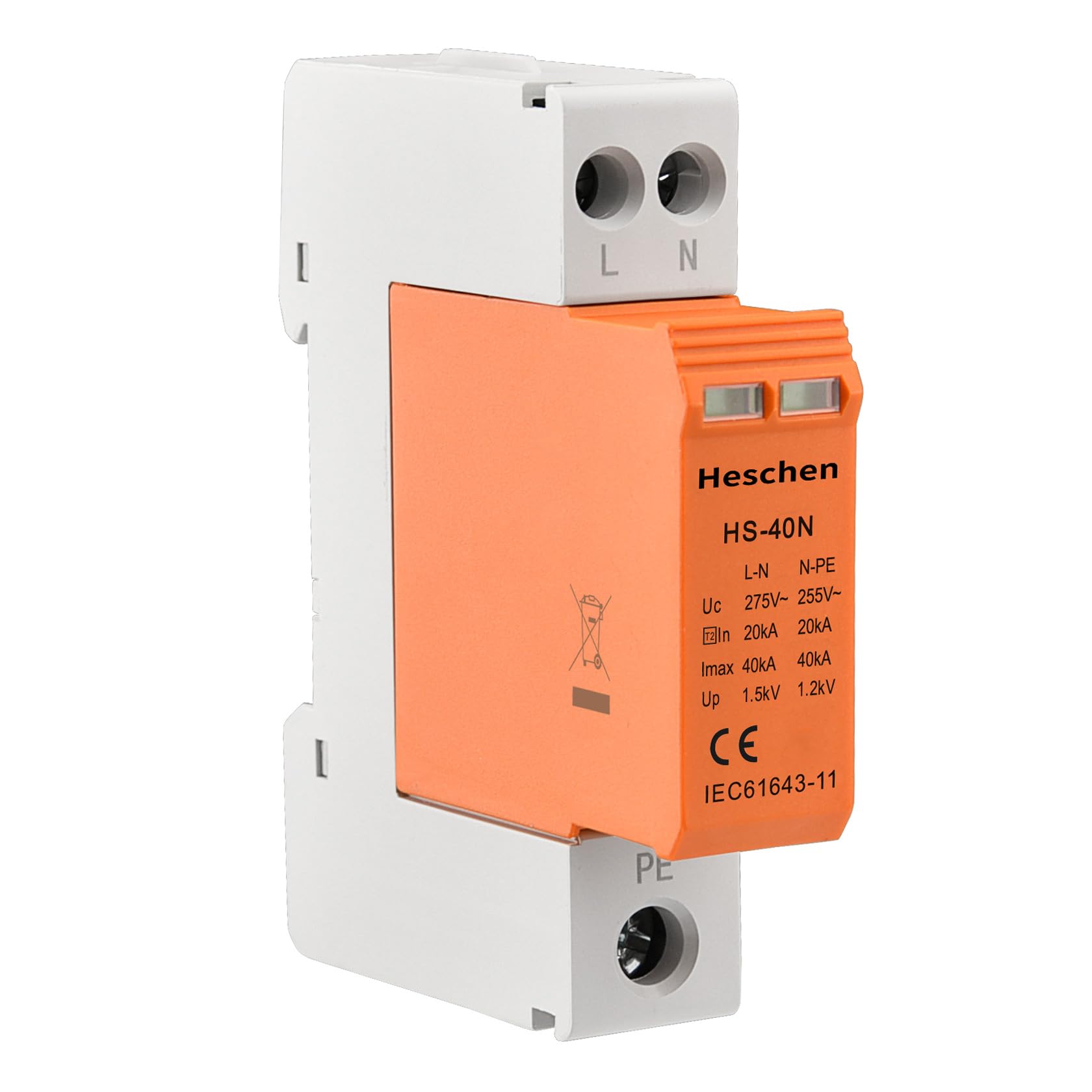 Heschen Surge Protective Device SPD, HS-40N, 275VAC 20KA, Fire-Proof, Low-Voltage Arrester, 35mm DIN Rail Mounting (1+NPE)