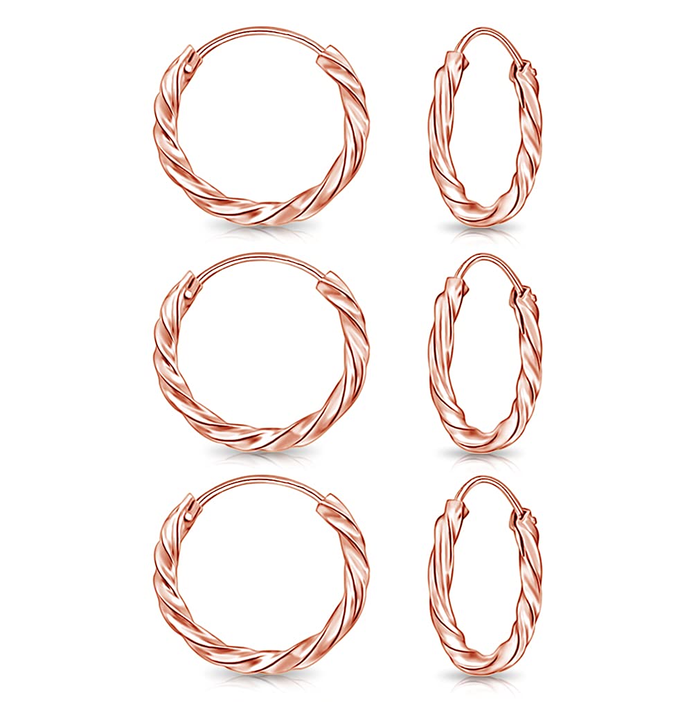 DTPsilver - Set of 3 PAIRS of TINY 925 Sterling Silver Rose Gold Plated Twisted Hoops/Sleepers Earrings - Thickness 1.8 mm - Diameter 10 mm