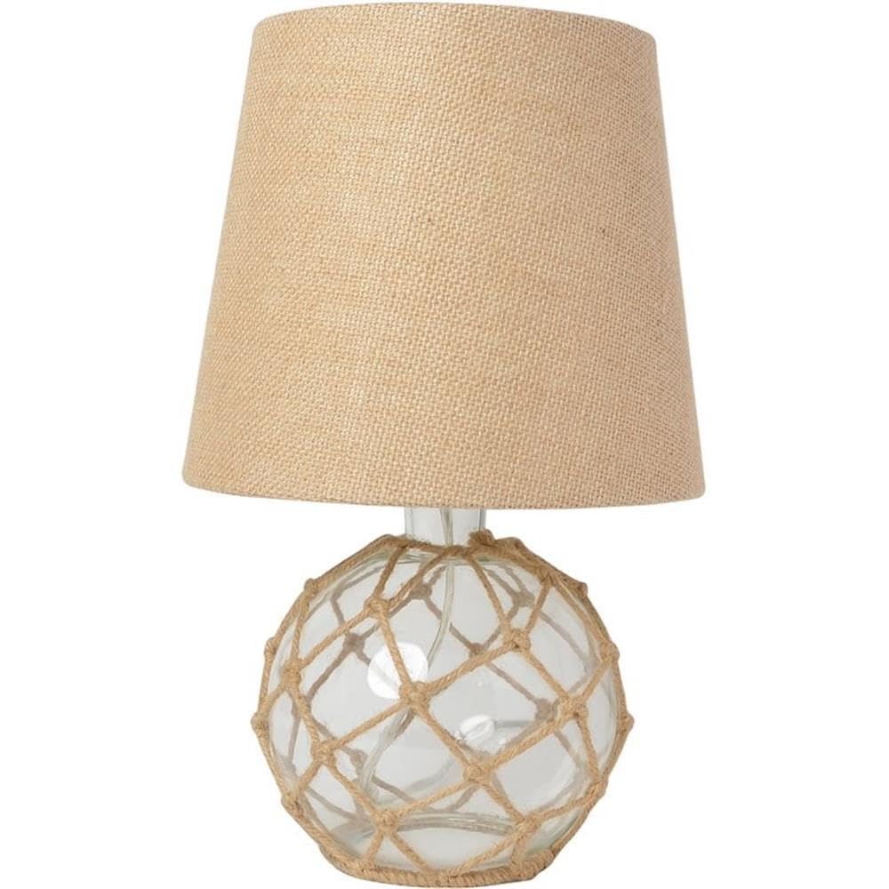 Elegant Designs LT1050-CLR Buoy Rope Nautical Netted Coastal Ocean Sea Glass Table Lamp with Burlap Fabric Shade, Clear Image
