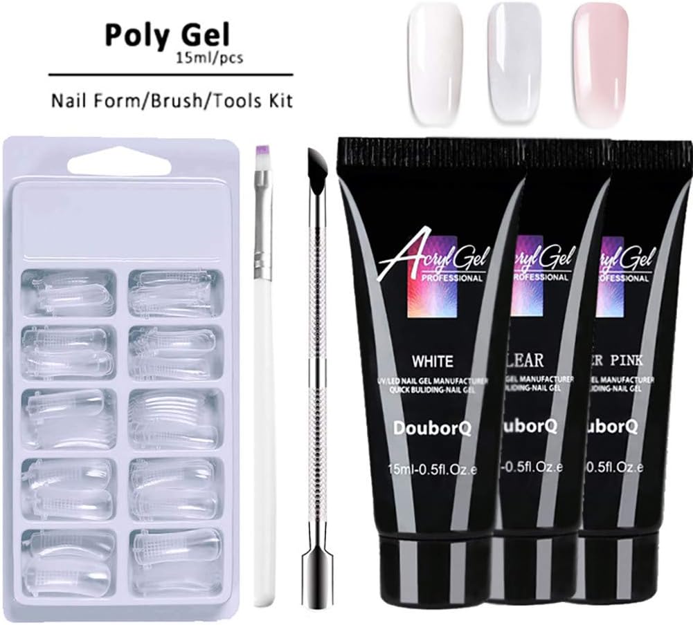 EDTO DIY Poly Gel 15ML Lasting False Nails,Nail Art Decoration Tools - Double-end Nail Pusher,Dead Skin Brush Set (A)