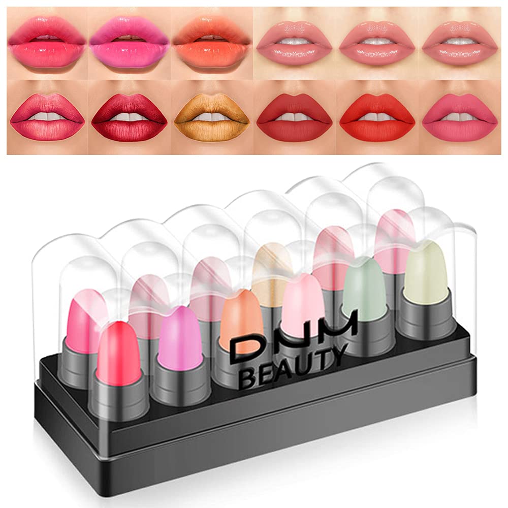 Capsule Pills Lipstick Mini Lip Stick Packs Matte Lipstick 12Pcs Set for Women,3 color mood changing Lipsticks+3 mini Lip Balm+3Glitter &3 Matte lipstick set,Velvety Waterproof Lip Make Up For Girl