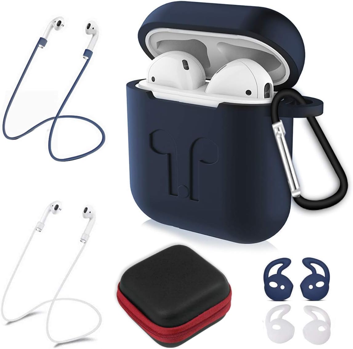 Dokpav Airpods Case, 7 in 1 Airpods Accessories Set Protective Silicone Cover Charging Case for Airpods Earhooks/Airpods Straps/Airpods Skin/Airpods Keychain/Travel Carrying Case