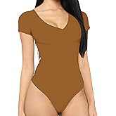 MANGDIUP bodysuit for women Short Sleeve V-Neck Casual Stretchy Basic T Shirt Bodysuit