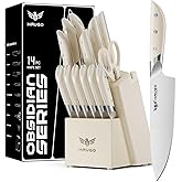 Haugo Kitchen Knife Set with Block: 14-Piece German Stainless Steel Full Tang Professional Knife - Comfortable Grip Reduces Hand Fatigue 30% - Dishwasher Safe & Sharpener - White Knife Set for Cooking