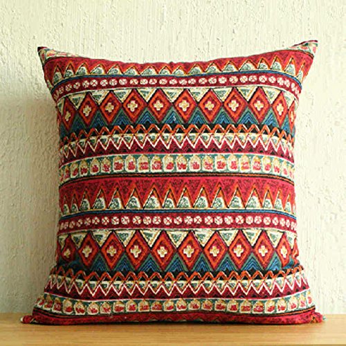 TAOSON Red Classic Bohemian Style Antique Cotton Blend Linen Sofa Throw PillowCase Cushion Cover Pillow Cover with Hidden Zipper Closure Only Cover No Insert 20x20 Inch 50x50cm
