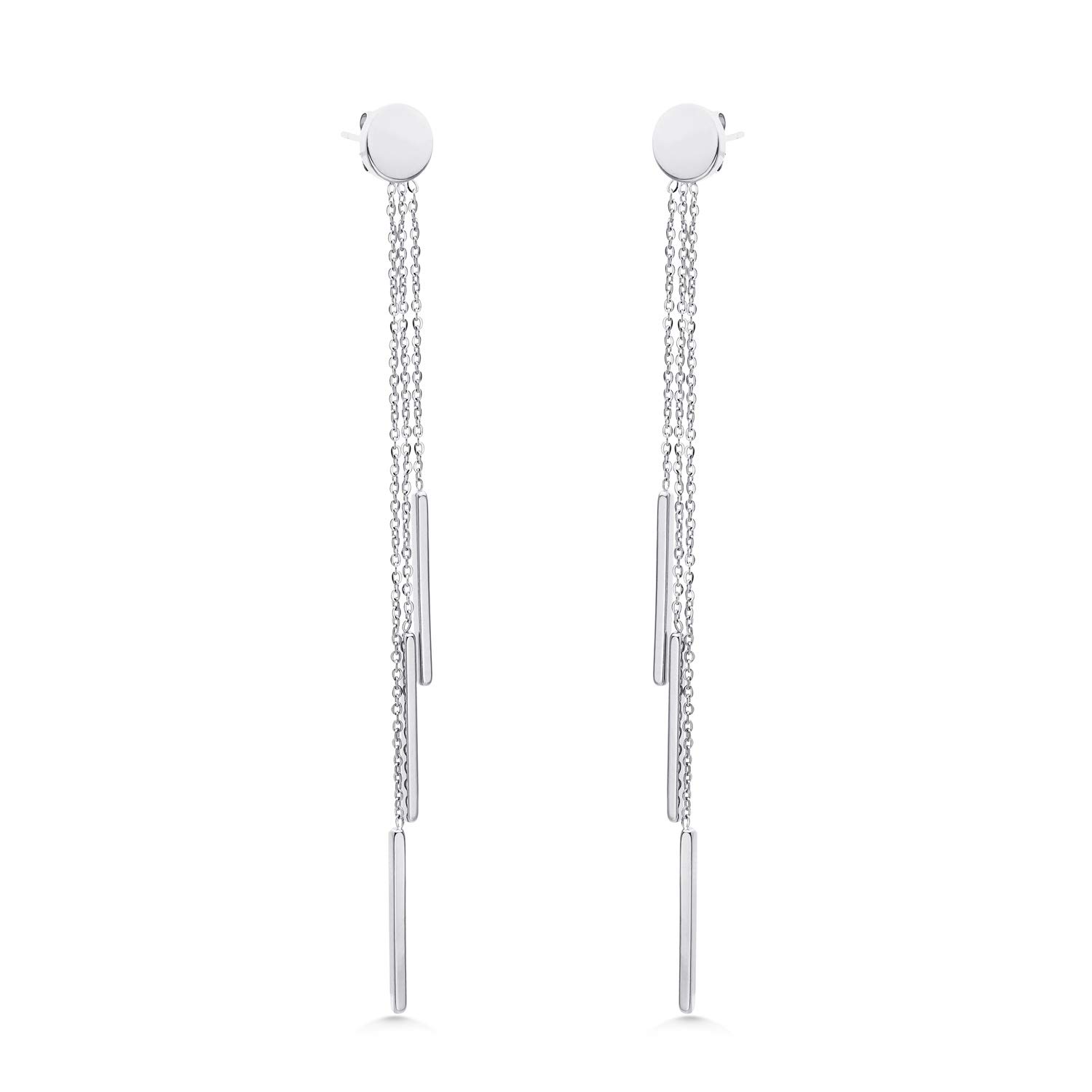 555Jewelry Womens Stainless Steel Chic Cute Stylish Triple Bar Tassel Long Chain Drop Dangle Dangling Earring Pair Classic Fashion Accessory Jewelry Post Nut Earrings, Silver