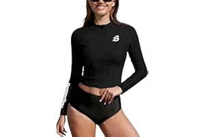 BesserBay Women's UPF 50+ Crop Rash Guard Surfing Top Long Sleeve Zip Front Swim Shirt
