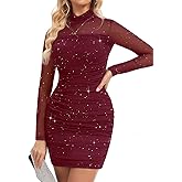 Meetjen Women's Ruched Bodycon Dress Sheer Mesh Long Sleeve Mock Turtleneck Sexy Sequin Mini Cocktail Club Party Dresses