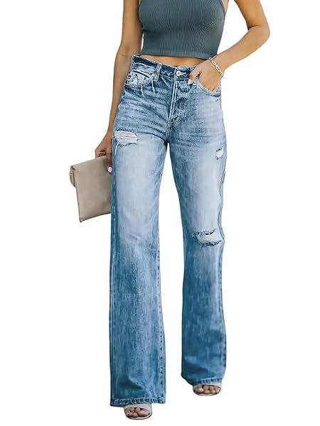PLNOTME WOMEN’S HIGH WAISTED BOYFRIEND JEANS BAGGY WIDE LEG RIPPED CASUAL DISTRESSED DENIM PANTS BLUE