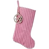Pxniy 19.5 Inch Embossed Stripe Christmas Stocking,Personalized Xmas Stocking with Gold Wooden Initial Monogram,Fireplace Christmas Party Decoration and Xmas Gift(Pink,Letter A)