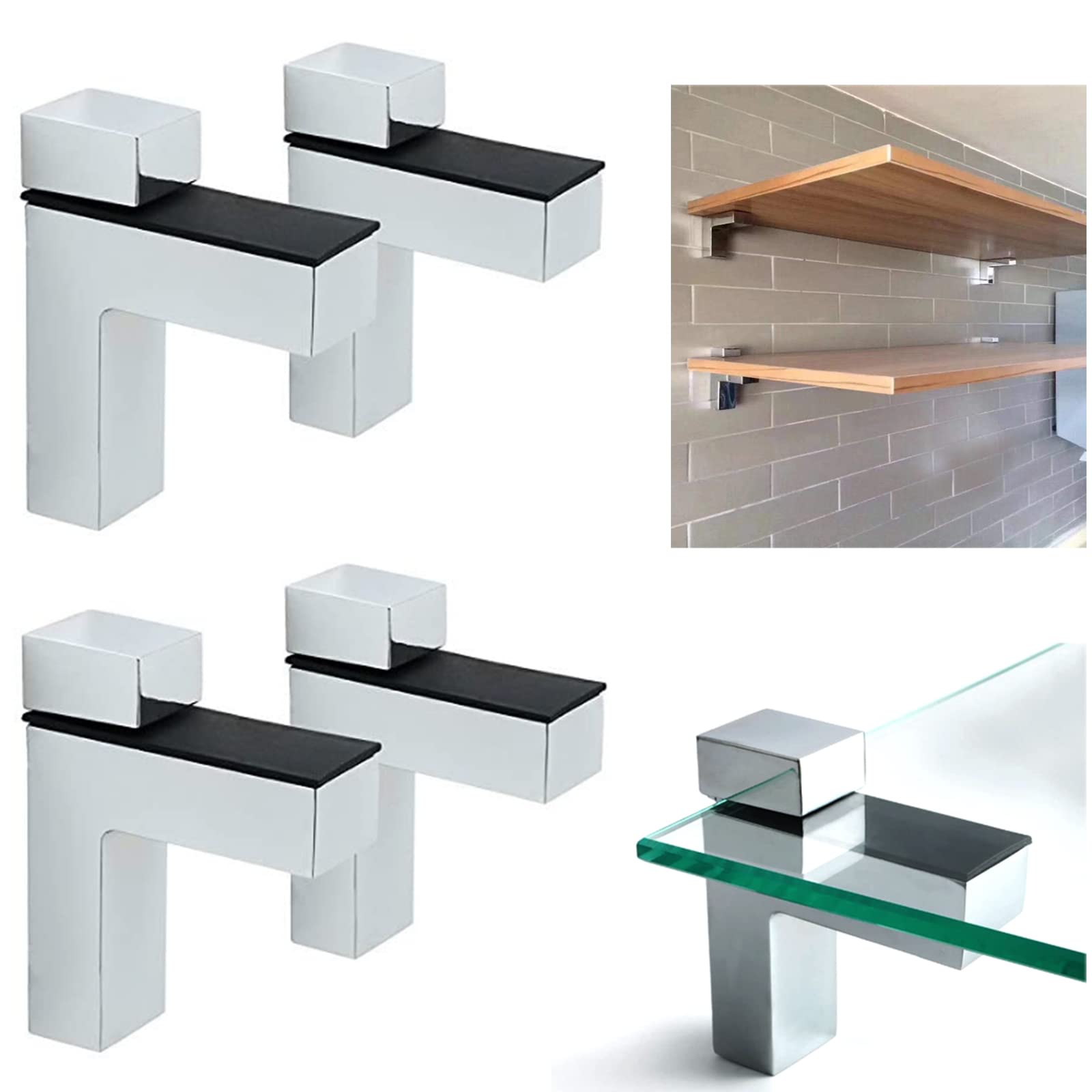 4 Pcs Adjustable Wood/Glass Floating Shelf Brackets Wall Mount, Polished Chrome