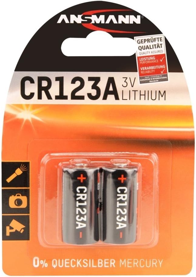 ANSMANN CR123A Lithium Battery (Pack of 2), designed for use in Arlo cameras sensors, keyless locks, photo flash and flashlights