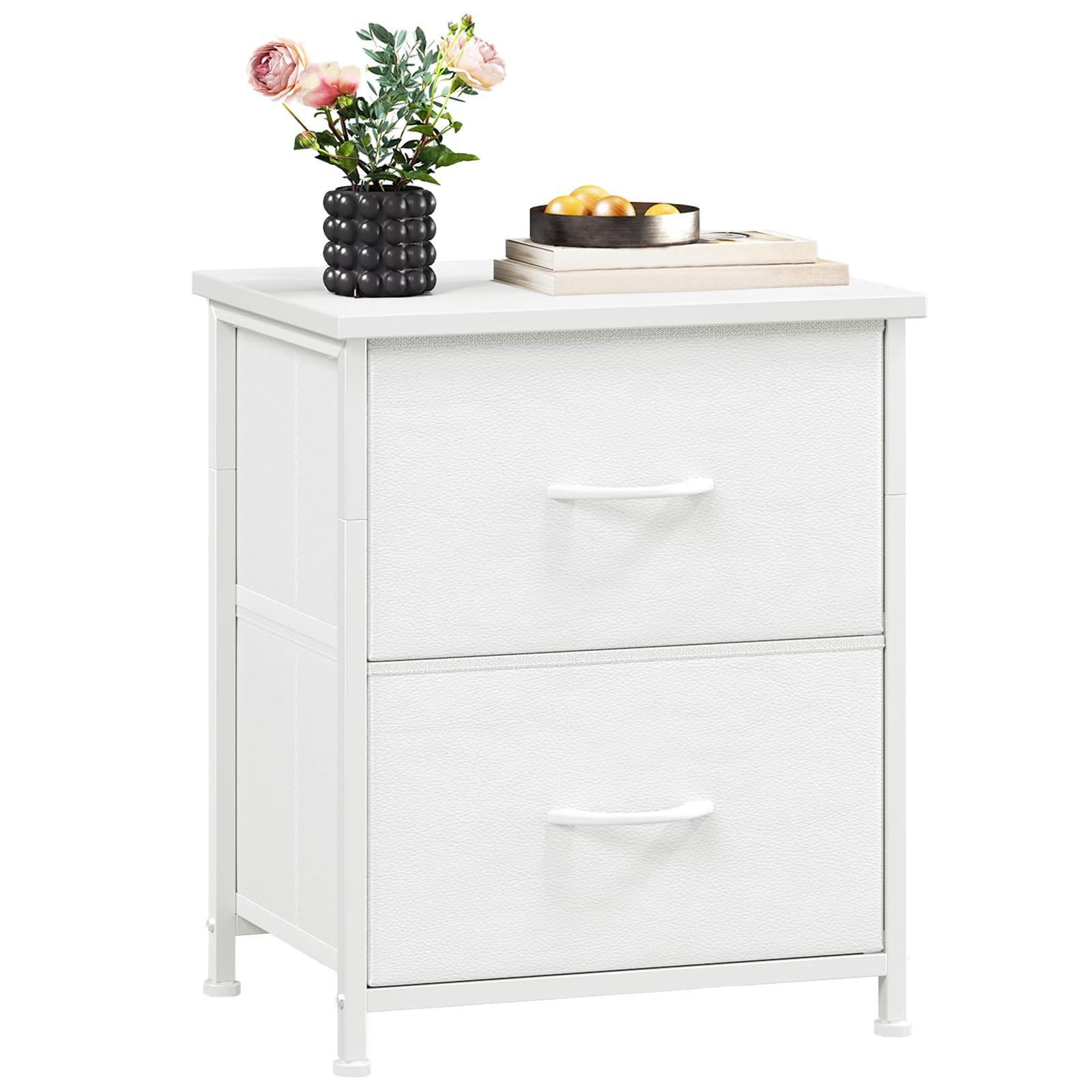 Photo 1 of Somdot White Nightstand, Small Dresser for Bedroom with 2 Drawers, Bedside Table Night Stand End Table with Fabric Bins for Bedroom Kids Closet Dorm Guest Room, White Leather