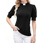 Womens Church Clergy Shirt Tab Collar Short Puff Sleeves with Cufflinks Blouse Top