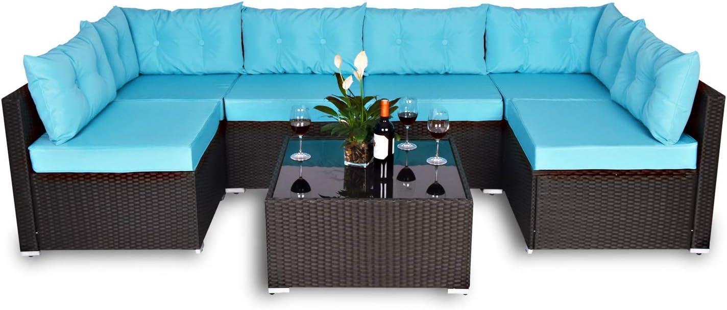 Amolife 7 Pieces Patio PE Rattan Sofa Chair Set Outdoor Sectional Furniture Black Wicker Conversation Set with Cushions and Tea Table