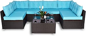 Amolife 7 Pieces Patio PE Rattan Sofa Chair Set Outdoor Sectional Furniture Black Wicker Conversation Set with Cushions and Tea Table